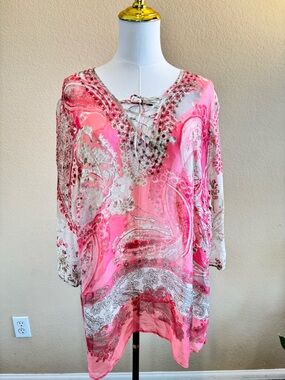 Gerry Weber 100% Silk Sheer Embellished Tunic Top Womens 18 Pink 3/4 Long Sleeve